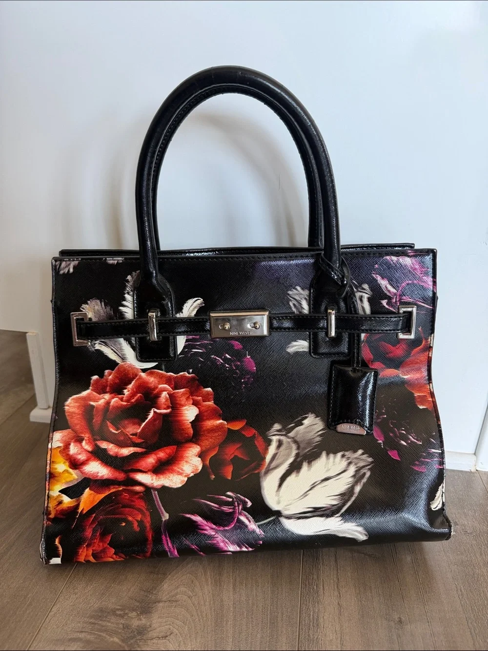 Nine West Black Floral Leather Tote Bag with Red Rose Print